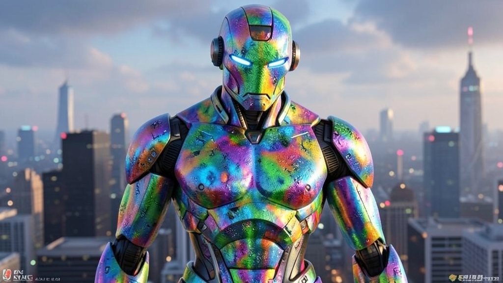A futuristic robot with a color-changing polymer film skin, mimicking the texture and color of its surroundings, with a cityscape in the background.