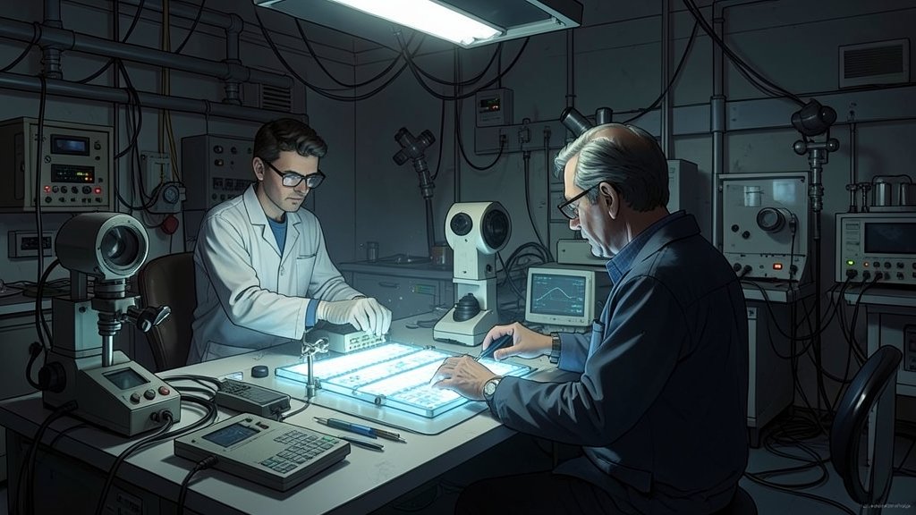 A detailed illustration of a laboratory setup where researchers are using dim light to produce bright LEDs, with various optical instruments and equipment in the background.
