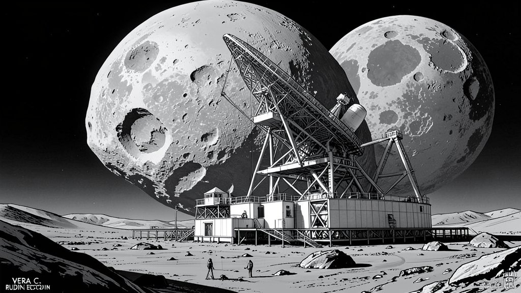 A detailed illustration of the Vera C. Rubin Observatory with a massive asteroid in the background, highlighting the telescope's unique design and the asteroid's enormous size.
