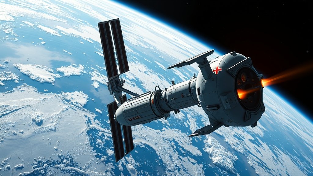 a realistic illustration of the International Space Station with a spacecraft approaching or departing, symbolizing the emergency medical evacuation of astronauts