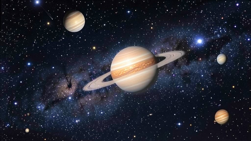 A detailed illustration of the night sky with Jupiter at opposition, showing its position relative to other celestial objects and the Milky Way.