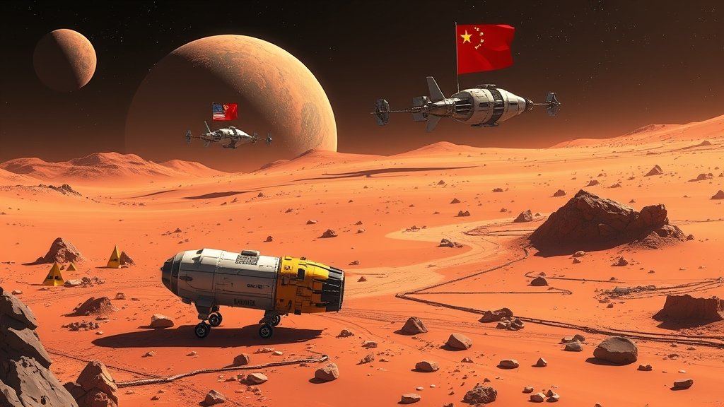 A futuristic illustration of a Mars sample return mission, with a spacecraft landing on the Martian surface and collecting samples, while a Chinese spacecraft is seen in the background, with a subtle American flag integrated into the design.