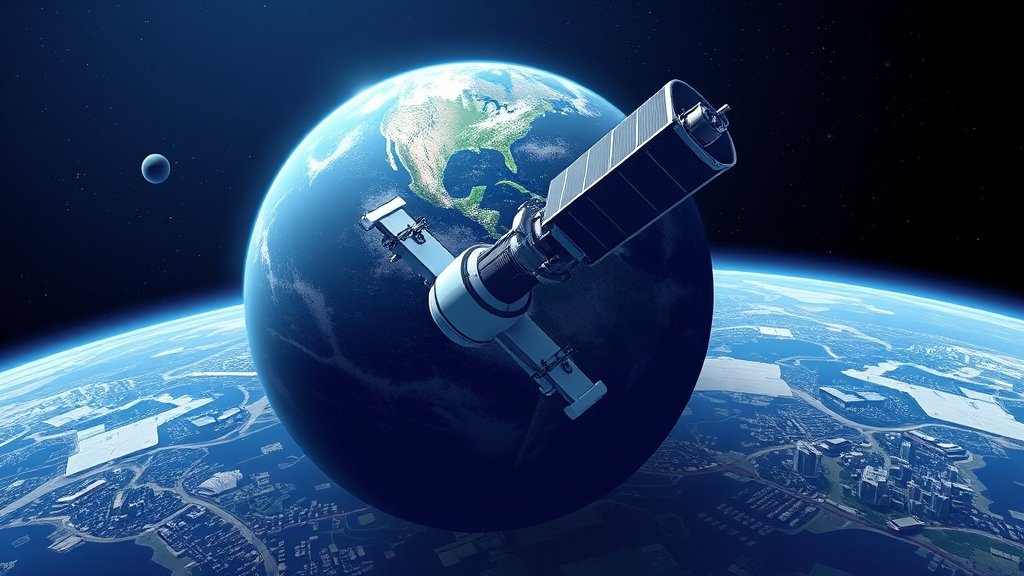 An illustration of a large space telescope in orbit around the Earth, with a cityscape on the planet's surface in the background, symbolizing the connection between space research and human development.