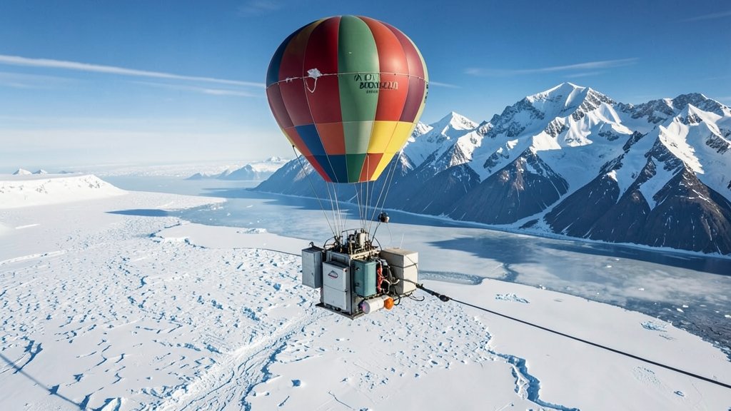 A high-altitude balloon soaring over the icy landscape of Antarctica, with a payload of scientific instruments and a majestic mountain range in the background.