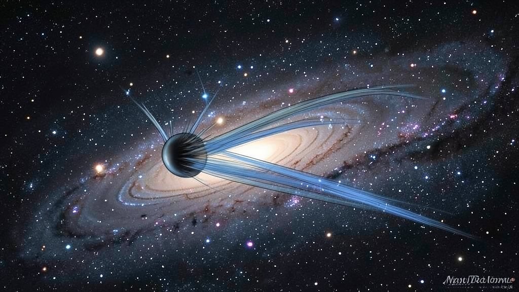 An illustration of a galaxy with a wobbling black hole jet, showcasing the intricate details of the jet's movement and its impact on the surrounding galaxy.