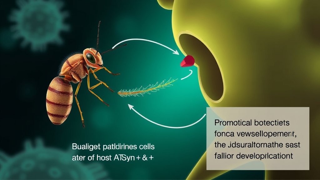 An illustration of a pathogen interacting with an insect's ovarian cells, with a focus on the dual role of host ATPSyn-β in promoting development.