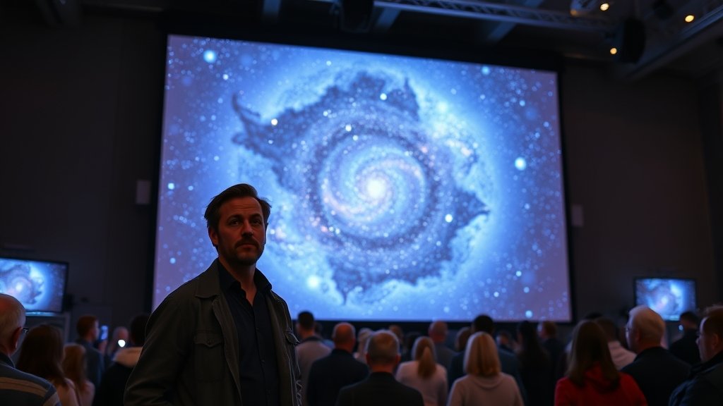 A photo of Xavier Siemens standing in front of a large screen displaying an image of the galaxy, with a crowd of astronomers and space enthusiasts in the background.