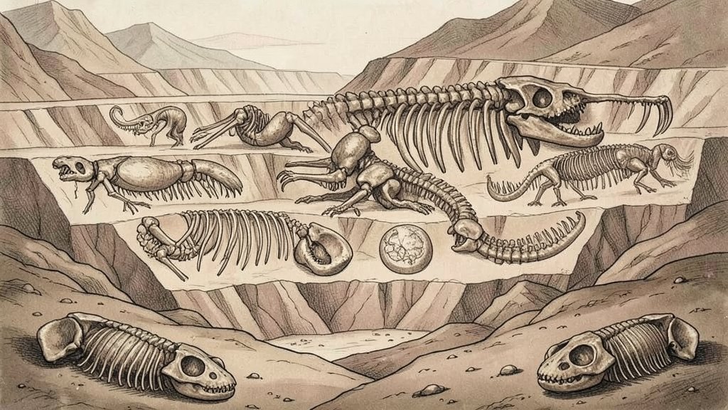 An illustration of ancient organisms transforming into fossils over millions of years, with a subtle background of geological layers and a few fossils visible in the foreground.