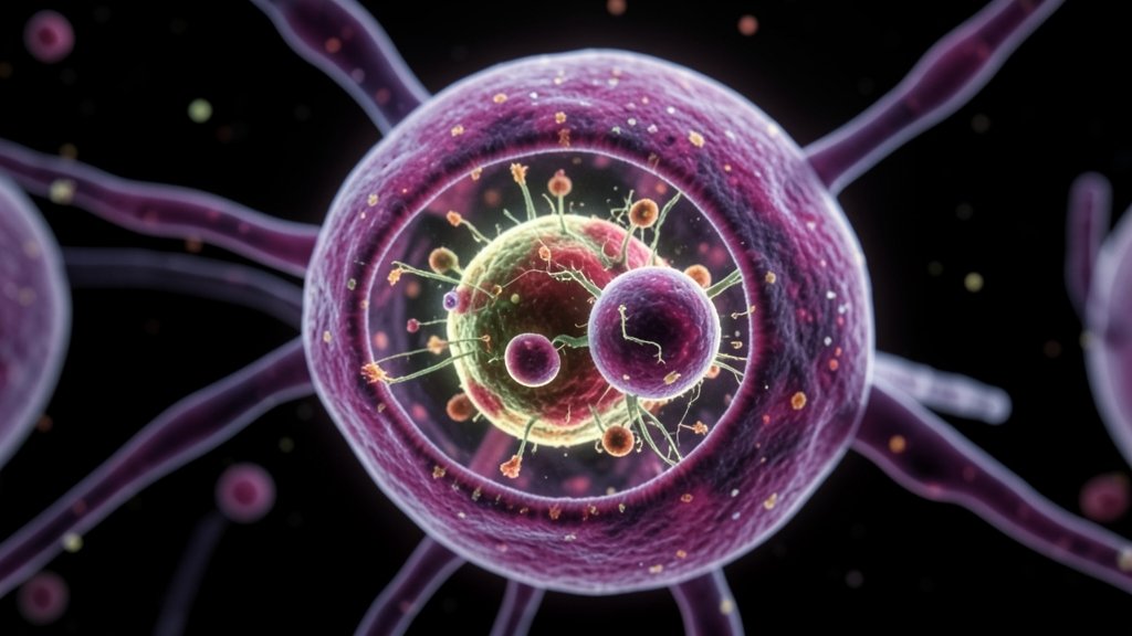 A microscopic view of an amoeba with a giant virus inside, highlighting the secret room created by the virus