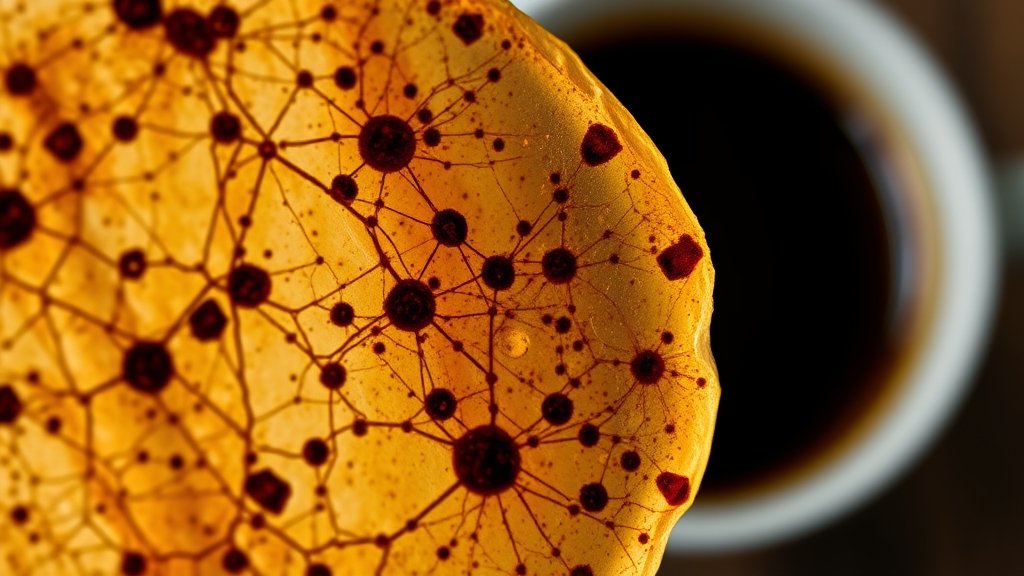 A microscopic image of a sample stained with coffee-based dye, with a cup of coffee in the background, highlighting the innovative use of coffee in scientific research