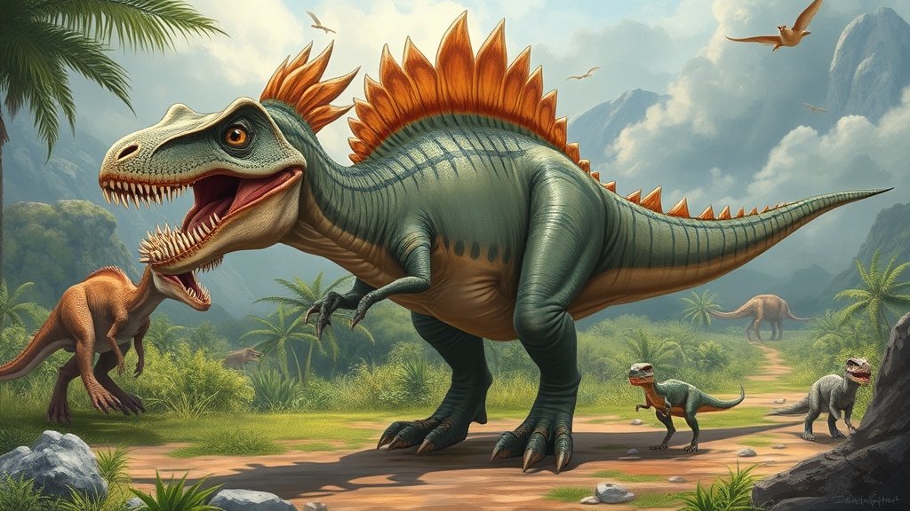 An illustration of a newly discovered dinosaur species, with a mix of T Rex and other dinosaur features, in a prehistoric landscape with lush greenery and a few other dinosaurs in the background.