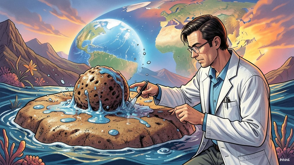 A detailed illustration of a marine geoscientist studying an ancient ocean salty blob with a background of a warming planet