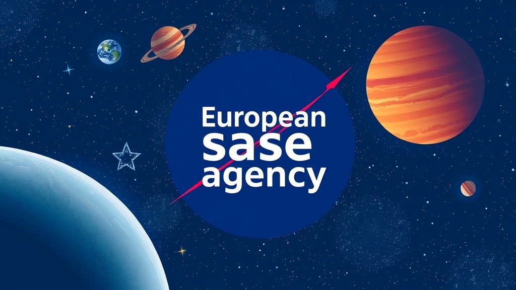 An illustration of the European Space Agency's logo with a background of stars and planets, symbolizing exploration and discovery.