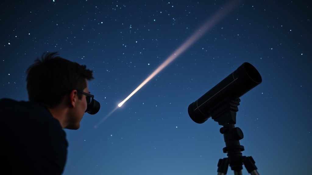 A high-quality image of a person observing a comet through a smart telescope on a clear, dark night, with the stars and the comet visible in the sky.