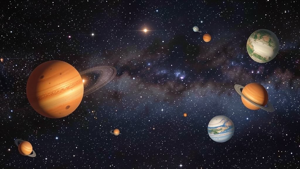 An illustration of a starscape with several orange dwarf stars and their potentially habitable exoplanets, with a subtle hint of a distant galaxy in the background.