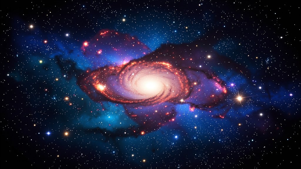 A vibrant, detailed illustration of a galaxy cluster with hot, glowing gas and stars, set against a deep blue and black space background, with a sense of depth and dimensionality.