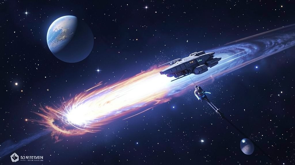 A futuristic illustration of a comet passing through the solar system, with a planet and stars in the background, and a spaceship exploring the comet's tail.