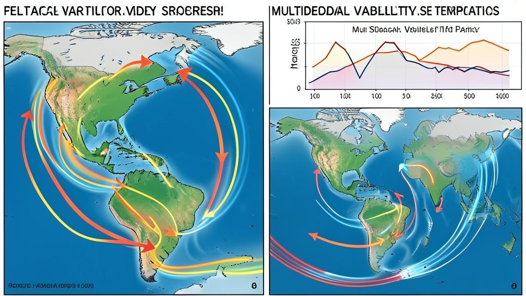 An illustration of the Atlantic and Pacific oceans with arrows indicating the movement of warm and cold water currents, and a graph in the background showing the multidecadal variability of sea surface temperatures.