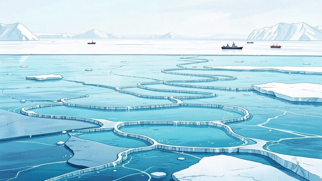 A detailed illustration of the Arctic thermohaline staircases, showing the layers of water with different temperatures and salinity levels, with a subtle background of melting icebergs and a few research vessels in the distance.