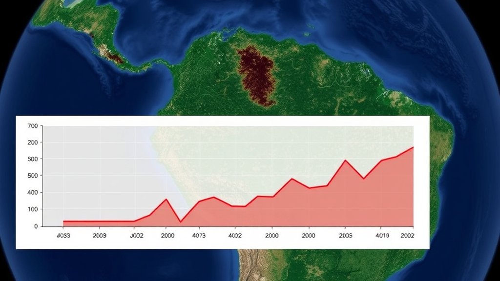 A satellite image of a deforested area with a graph showing the rate of deforestation in the background