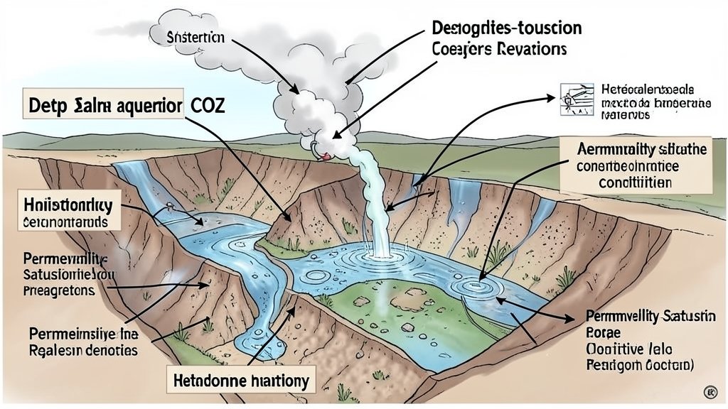 An illustration of a deep saline aquifer with CO2 injection, highlighting the concepts of heterogeneity, anisotropy, and permeability-saturation-pressure constitutive relationships.