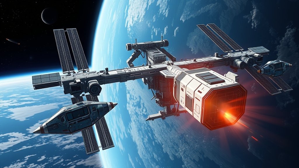 A detailed illustration of the International Space Station with a rescue spacecraft approaching, highlighting the urgency and complexity of evacuating astronauts in space.