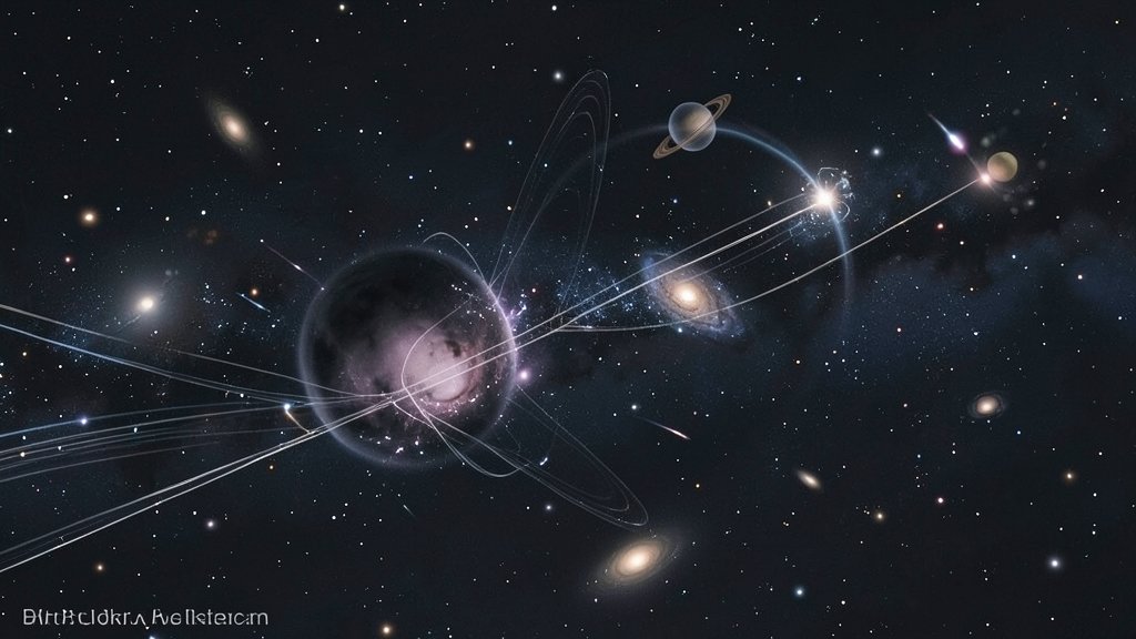 An illustration of dark matter and neutrinos interacting in the universe, with a subtle background of galaxies and stars.