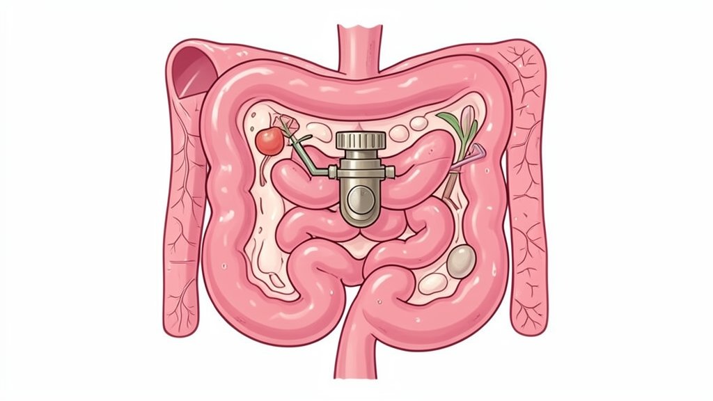 An illustration of the human gut with a highlighted control valve, surrounded by intestinal fluid and digestive system components