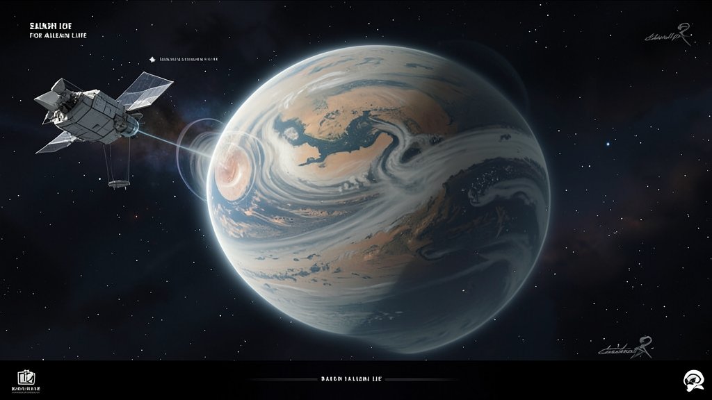 An illustration of a distant exoplanet with a cloudy atmosphere, with a spaceship or telescope in the background, highlighting the search for alien life.