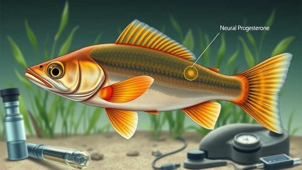 A detailed illustration of a medaka fish with highlighted neural progesterone receptors, surrounded by relevant scientific equipment and a subtle background of aquatic plants.
