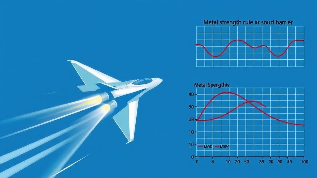 An illustration of a supersonic aircraft breaking the sound barrier, with a graph showing the metal strength rule in the background.