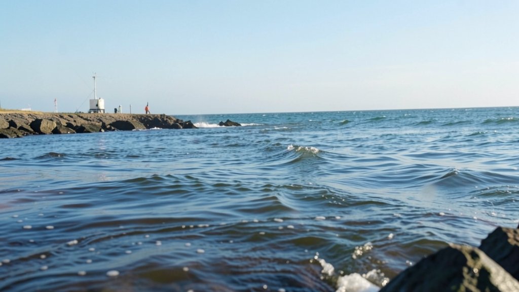 A serene image of a river flowing into the ocean, with a subtle hint of scientific equipment or researchers in the background, conveying the connection between river chemistry and coastal ocean modeling.