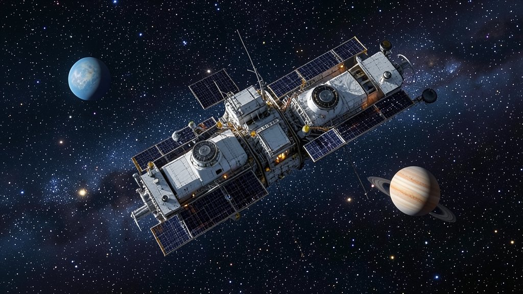 A high-resolution image of the Pandora satellite in space, with a backdrop of stars and exoplanets, highlighting its advanced technology and capabilities.