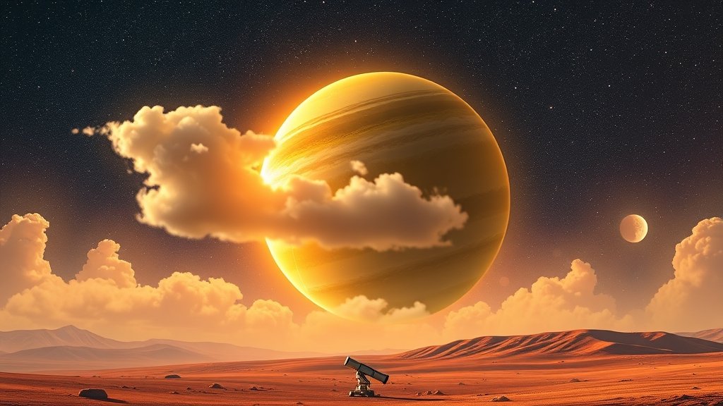 An illustration of a lemon-shaped exoplanet with carbon clouds and diamond rain, with the James Webb Telescope in the background