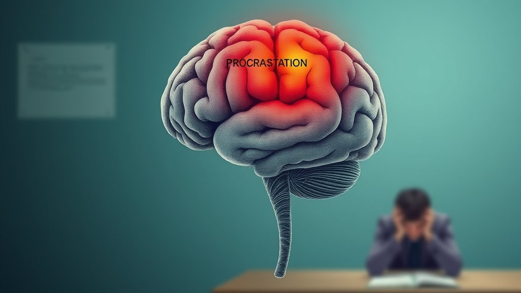 A detailed illustration of the brain with highlighted areas responsible for motivation and procrastination, with a subtle background of a person struggling to start a task