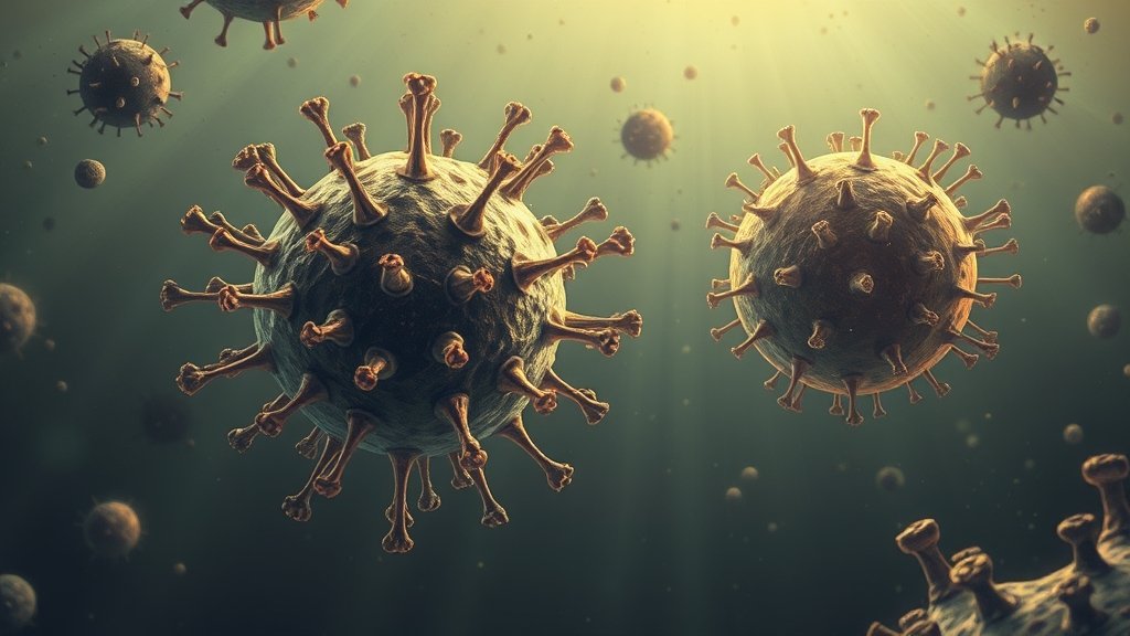 An illustration of a giant amoeba-infecting virus and its interaction with a eukaryotic cell, with a subtle background hinting at the primordial soup of early Earth.