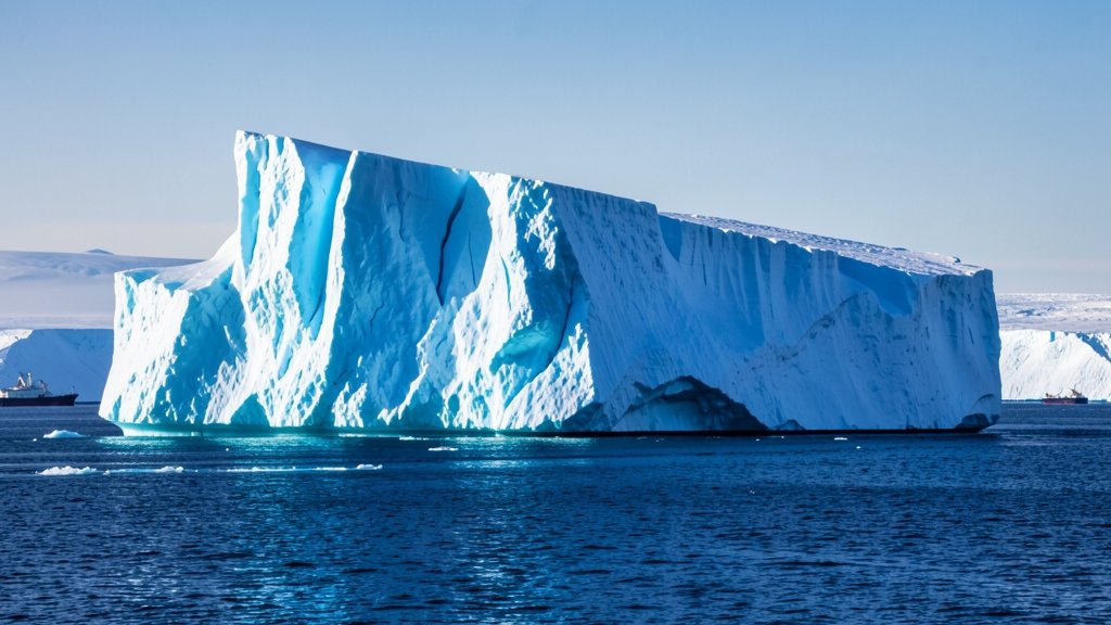 A high-resolution image of a massive iceberg turning blue, with a subtle background of the Antarctic landscape and a few research vessels in the distance, highlighting the dramatic effect of climate change on our planet's natural wonders.