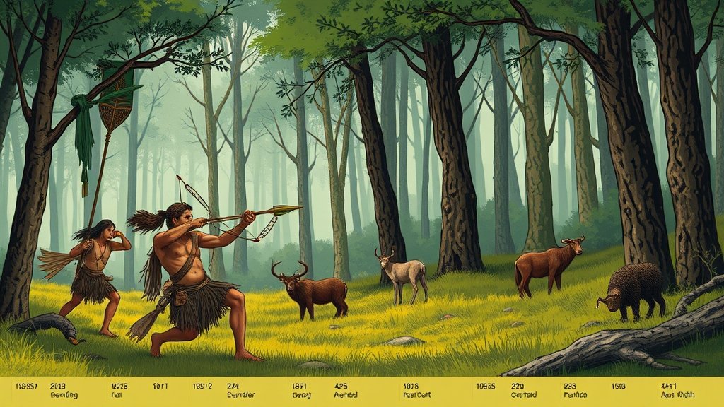 An illustration of ancient hunters using poison arrows to hunt animals in a forest, with a subtle background of a timeline showing the evolution of hunting techniques.