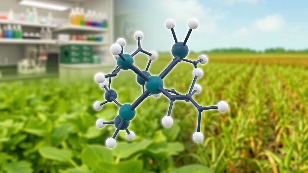 A detailed illustration of a molecular model of a fungicide, with a background image of a laboratory or a field with crops, highlighting the connection between scientific research and real-world applications.