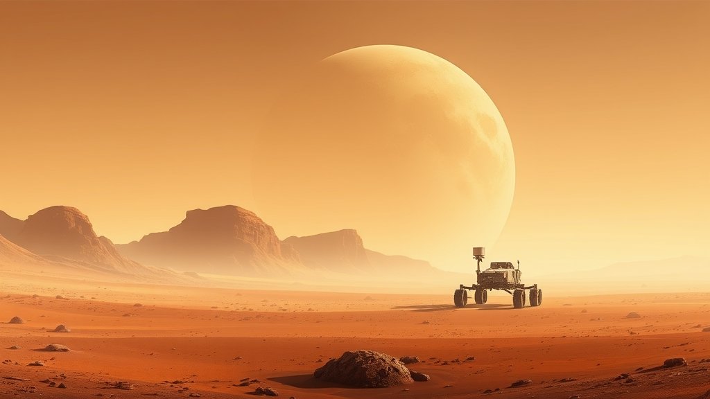 A futuristic illustration of a Martian landscape with a robotic rover in the distance, with a subtle hint of microbial life in the soil.