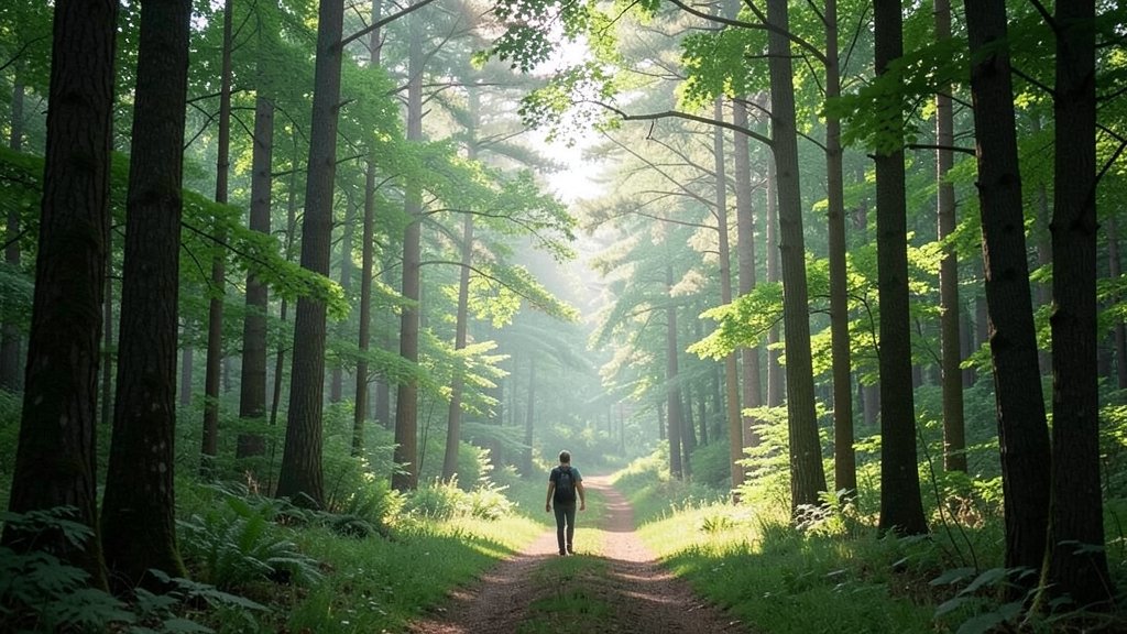 A serene landscape of a forest with a person in the distance, symbolizing a career that connects with nature