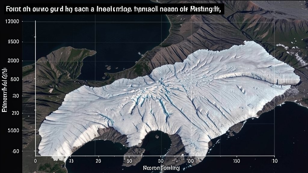 A satellite image of a glacier with a graph showing the rate of melting in the background