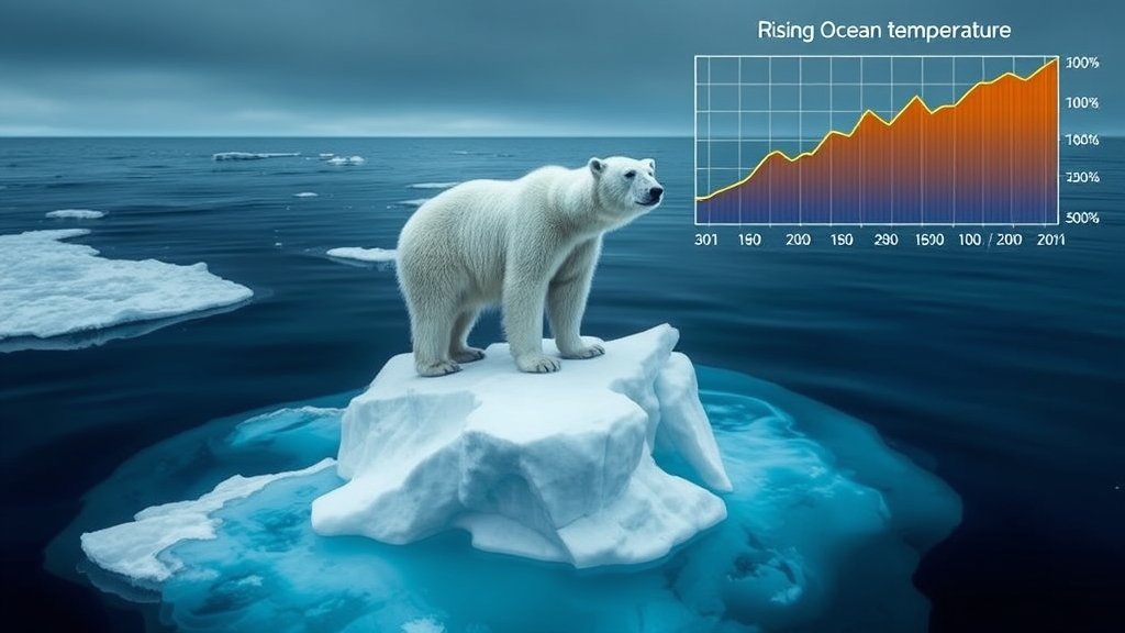 A dramatic image of a polar bear standing on a melting iceberg, with a graph of rising ocean temperatures in the background.