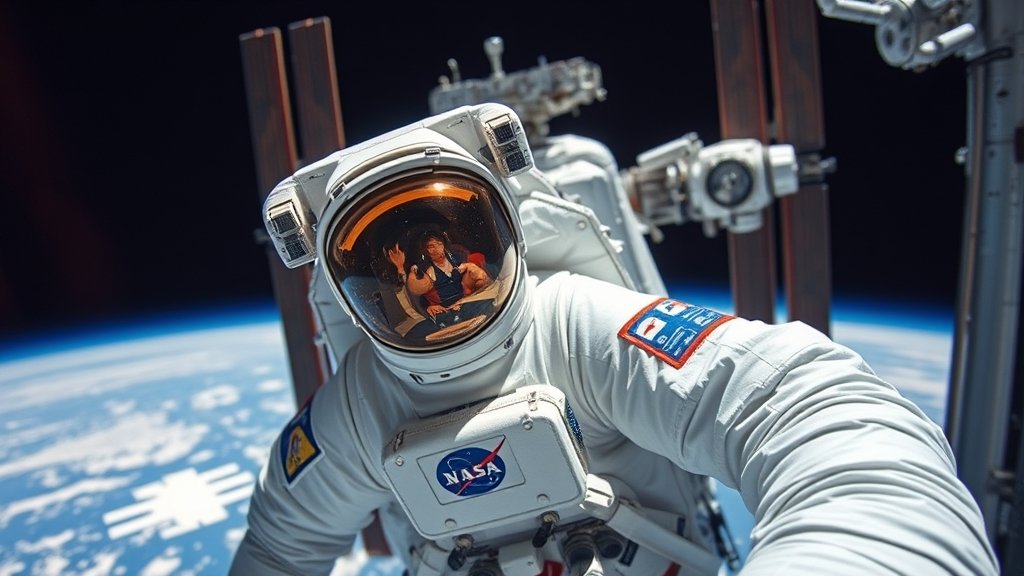 A photo of the International Space Station with a NASA astronaut in the foreground, with a subtle hint of a medical emergency in the background.