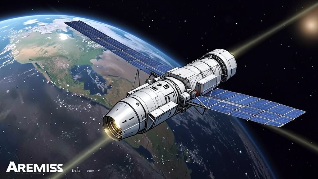 An illustration of the Artemis II spacecraft orbiting the Moon with the Earth in the background, highlighting the historic mission's significance in space exploration.