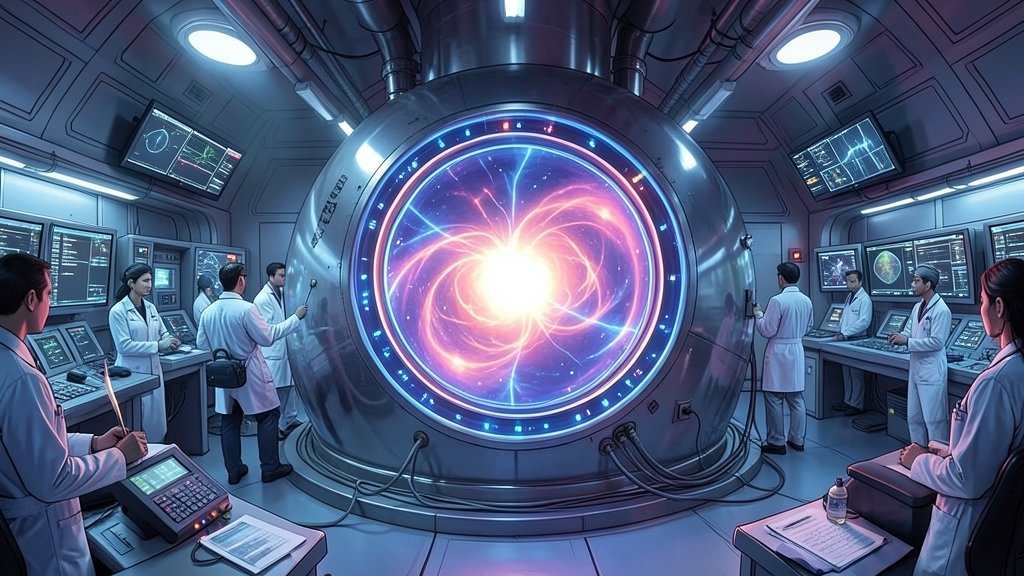 A futuristic illustration of a Chinese nuclear fusion reactor with a glowing plasma core, surrounded by scientists and engineers in a control room