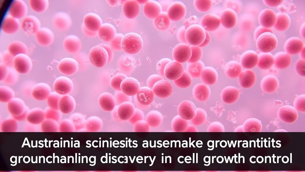 A microscopic image of cells growing in a laboratory dish, with a caption that reads "Australian scientists make groundbreaking discovery in cell growth control"