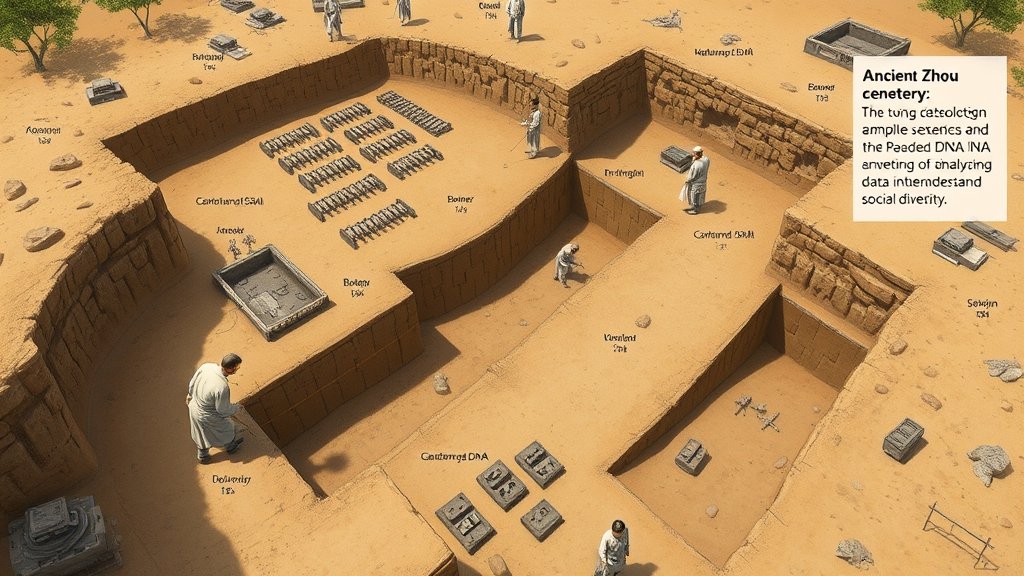 A detailed illustration of an ancient Eastern Zhou cemetery with a focus on the excavation process, including archaeologists collecting DNA samples and analyzing isotope data to understand social diversity.