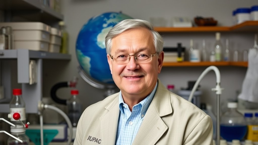 A photo of the new IUPAC president in a laboratory setting, surrounded by chemistry equipment and symbols, with a subtle background of a globe to represent international collaboration.