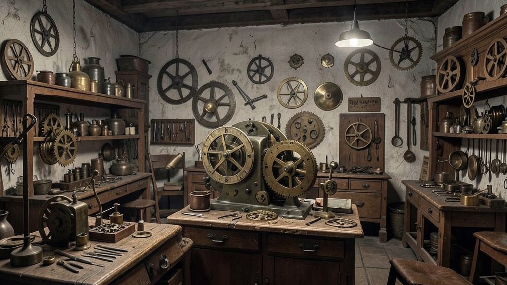 An old jeweler's workshop with clockwork mechanisms and nuclear symbols in the background, highlighting the connection between traditional craftsmanship and modern scientific innovation